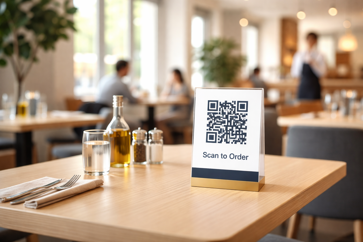 Happy customers dining in a modern restaurant using digital menu